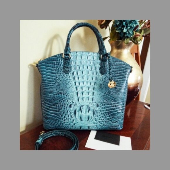 BRAHMIN LARGE DUXBURY CROC EMBOSSSED LEATHER HANDBAG IN BOTTLE BLUE - LIKE NEW!! - Picture 1 of 6